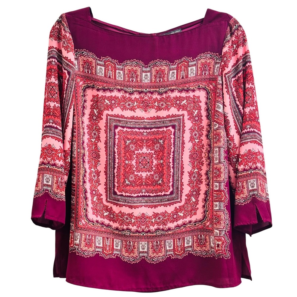 Adrianna Papell Magenta Pink Scarf Print 3/4 Sleeve Blouse Top Large